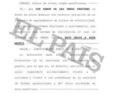 Fragmento de la escritura notarial de constitución de la empresa EATC, en el que aparece la aportación en especies de Ramón de las Heras.