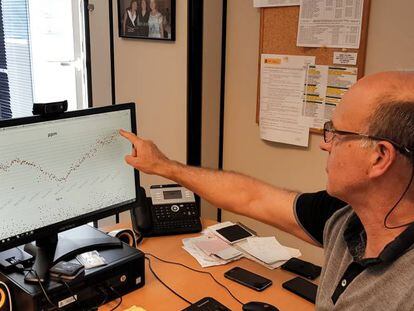 Cuevas señala en su ordenador el récord global de dióxido de carbono en la atmósfera.