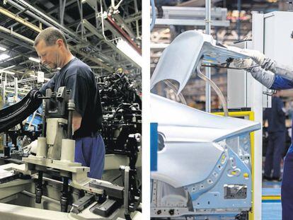 A la izquierda, un trabajador de la factoría de Ford en Saarlouis, Alemania. A la derecha, un empleado de la fábrica de Almussafes, Valencia. 