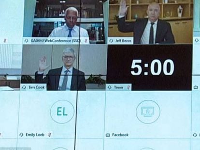 Comparecencia el miércoles en el Congreso de EE UU, en Washington, de los máximos ejecutivos de Amazon (Jeff Bezos), Facebook (Mark Zuckerberg), Google (Sundar Pichai) y Apple (Tim Cook).
