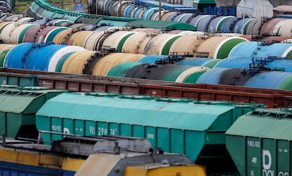 Freight trains on Monday in Kaliningrad.