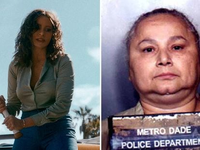 A la izquierda, Sofía Vergara en una escena de la serie 'Griselda', y a la derecha, Griselda Blanco tras ser detenida en Miami en 1997.