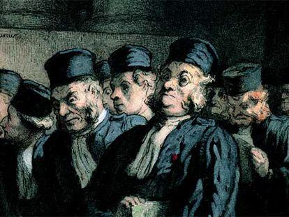 <i>Abogados y jueces, antes de la audiencia</i> (hacia 1862), de Honoré Daumier.