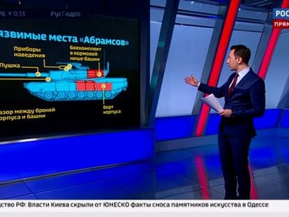 Un presentador del canal estatal de televisión ruso desprecia los tanques Abrams y Leopard, enero de 2023.