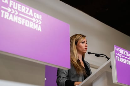 La portavoz de Podemos María Teresa Pérez, durante la rueda de prensa este lunes en la sede de la formación, en Madrid.