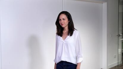 Ione Belarra, momentos antes de la rueda de prensa en la sede de Podemos, el lunes.
