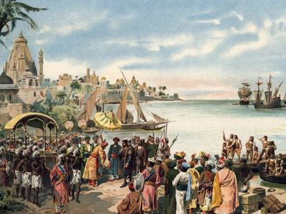 Llegada de Vasco de Gama a Calicut, en una imagen de época.