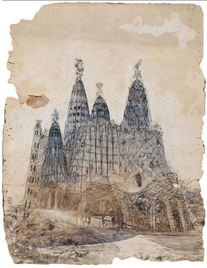 Dibujo con la perspectiva exterior de la iglesia de la Colonia Güell, de Antoni Gaudí.