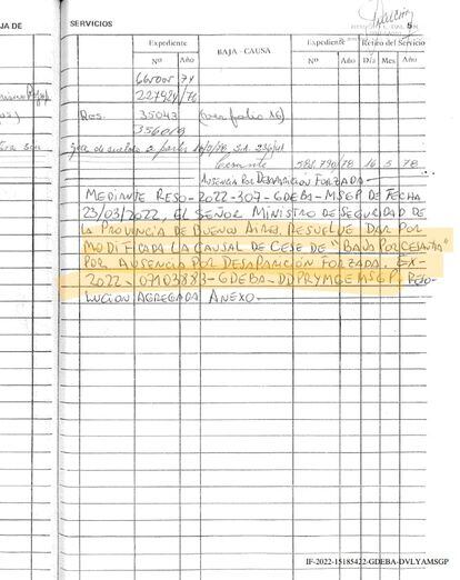 "The province of Buenos Aires resolves to modify the cause of dismissal due to dismissal due to absence due to forced disappearance"reads in the updated file of Luis Ceccón.