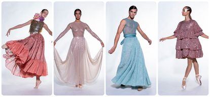 Four of the proposals from the Duyos spring-summer 2023 collection, presented this September 15 at the Mercedes Benz Fashion Week Madrid.