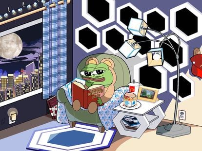 Meme en el que Pepe The Frog descansa en su apartamento de lujo desde que $LINK le hizo millonario. El logo de la 'token' se ve en en todo el mobiliario.