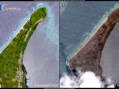 Tongatapu (Tonga), 18/01/2022.- A handout satellite image made available by Copernicus, the European Union's Earth Observation Programme, shows the impact of the Hunga-Tonga Hunga'apai volcanic eruption when comparing Copernicus Sentinel-2 images acquired on 8 December 2021 (before the event) and 17 January 2022 (after the event), on Kanokupolu, Tongatapu island, Tonga (issued 18 January 2022). The Hunga Tonga-Hunga Ha'apai underwater volcano erupted in the Archipelago of Tonga on 15 January. According to scientists from the University of Auckland, the eruption was the most powerful recorded on Earth in the last 30 years. EFE/EPA/EUROPEAN UNION, COPERNICUS SENTINEL IMAGERY HANDOUT -- MANDATORY CREDIT: European Union, Copernicus Sentinel-2 imagery -- HANDOUT EDITORIAL USE ONLY/NO SALES

