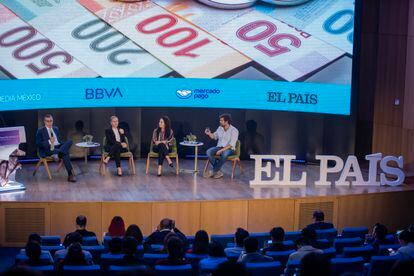 Carlos Serrano, Chief Economist of BBVA in Mexico, Valeria Moy, General Director, IMCO, Irina Valassi, VP Customer Solutions Center Mastercard México, Pedro Rivas, General Director, Mercado Pago, participate in the table titled “Informality and the management of cash” within the framework of the “no money forum” organized by BBVA and EL PAÍS in Mexico City on October 19, 2023. Year after year the forum takes place in the Mexican capital to discuss current financial issues and digital security .