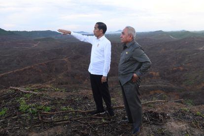 El presidente de Indonesia, Joko Widodo (izquierda), señala la zona donde se está construyendo Nusantara, la futura capital del país. 