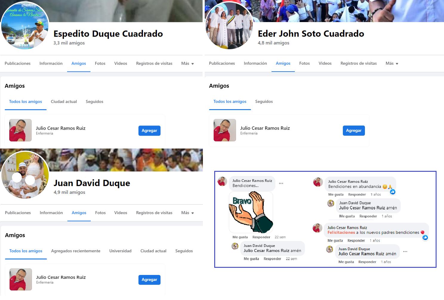 Capturas de pantalla de Facebook que muestran los vínculos entre Ramos y el clan Duque.