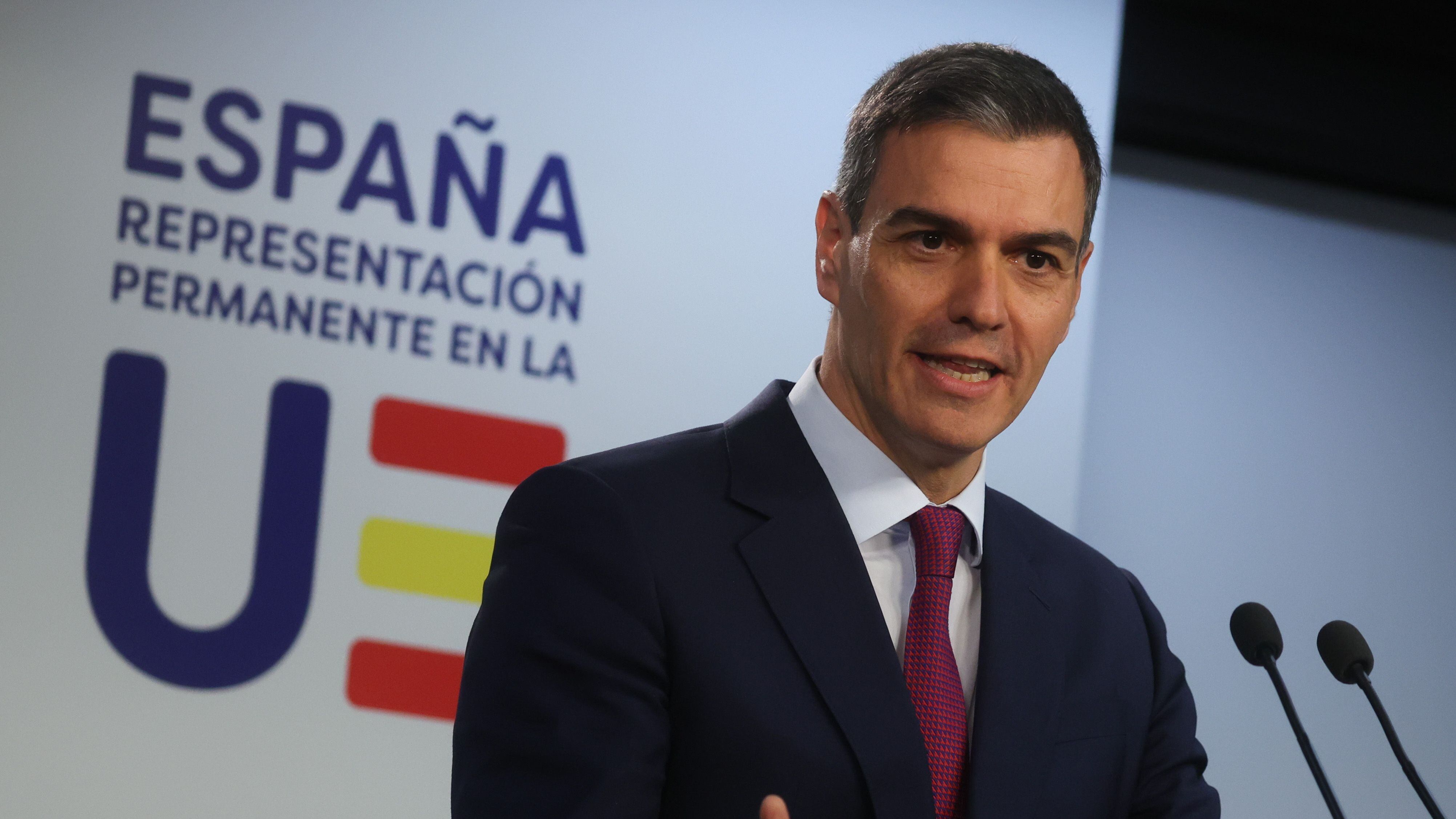 El presidente del Gobierno, Pedro Sánchez, en la rueda de prensa tras el Consejo Europeo de este jueves en Bruselas.