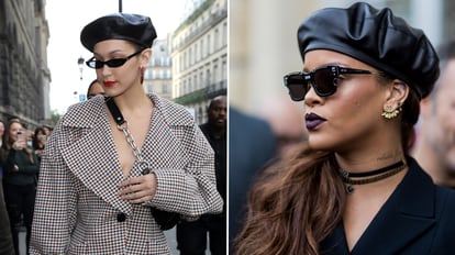 Bella Hadid y Rihanna con boinas de cuero. GETTY IMAGES.