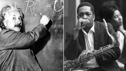 El científico Albert Einstein, en 1931 (izquierda) y el músico de jazz John Coltrane, en 1966.