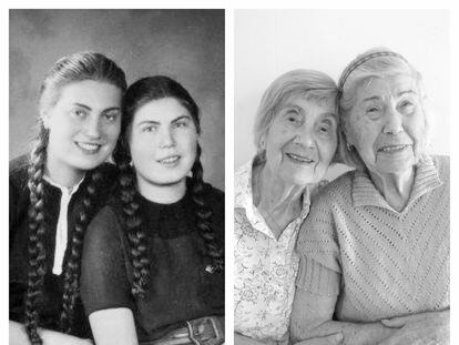 A la izquierda, las hermanas Bracha y Katka Berkovic poco antes de que estallase la I Guerra Mundial; a la derecha, las costureras recrean la misma foto en 2013.