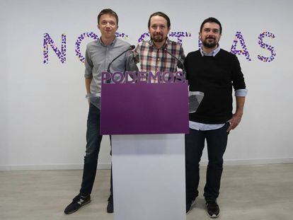 Errejón, Iglesias y Espinar en la presentación de la lista unitaria a la candidatura de la Comunidad de Madrid el pasado abril.