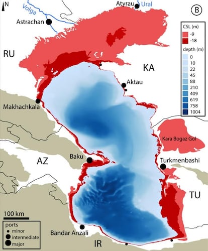 Las zonas más afectadas son las del norte y el este (en rojo), donde el mar tiene poca profundidad. En las escalas, expresadas en metros, descenso del nivel del mar en el Caspio de nueve metros en un escenario de emisiones [de CO₂] intermedio y de 18 metros en uno de altas emisiones para finales de siglo. En azul, escalas de profundidades. Abajo, escala y representación de puertos menores (minor), intermedios (intermediate) y mayores (major)