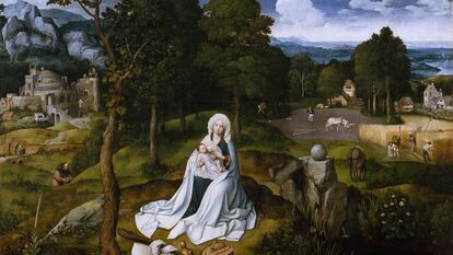 'Descanso en la huida a Egipto', de Joachim Patinir. En esta obra, se atisba el otoño en dos de los árboles que aparecen a la izquierda de la tabla.