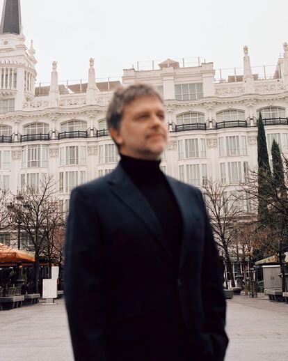 Juan Carlos Fresnadillo poses exclusively for ICON in the Plaza de Santa Ana, Madrid.
