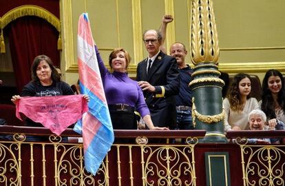Miembros de entidades trans en la tribuna del Congreso durante el debate de la ley, el jueves.