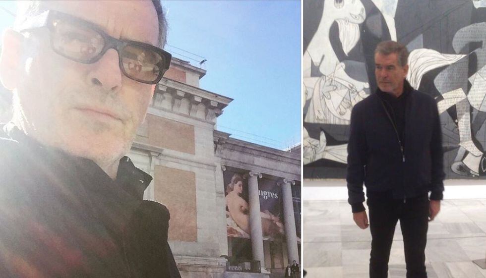 El actor Pierce Brosnan en el Museo del Prado y, a la derecha, frente al 'Guernica' en el Reina Sofía, de Madrid.