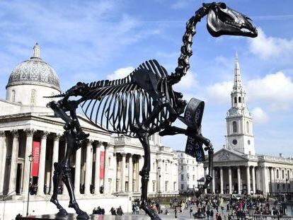 &#039;Caballo regalado&#039; del artista alem&aacute;n Hans Haacke. La osamenta en bronce del equino lleva adosada en la pata delantera una pinza digital. 