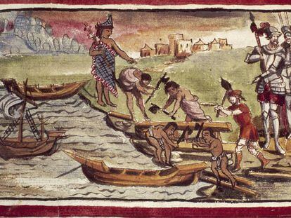 Indígenas construyen naves bajo la supervisión de los castellanos en una ilustración de1579 de Diego Durán. 
