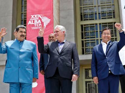 Desde la izquierda, los presidentes de Venezuela, Nicolás Maduro; de Cuba, Miguel Díaz-Canel, y de Bolivia, Luis Arce, a finales de mayo en La Habana.