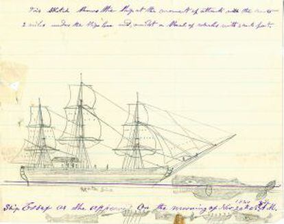 Thomas Nickerson, que salvó la vida, dibujó un esquema del 'Essex' con la ballena aproximándose al barco antes de ser golpeado y hundido.
