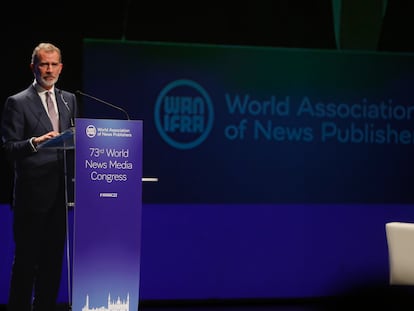 El rey Felipe VI, durante su discurso en el Congreso Mundial de Medios de Comunicación.