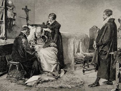 Ilustración de 1883 que representa a Miguel de Cervantes escribiendo la dedicatoria de 'Persiles'.