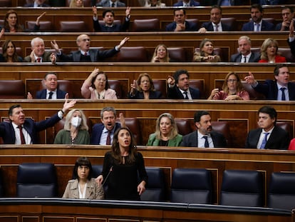 Los diputados de la bancada del PP protestan durante la intervención de la ministra de Igualdad, Irene Montero, en la sesión de control al Gobierno el pasado 30 de octubre en el Congreso.