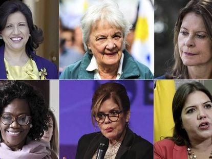 Fotografías de archivo de seis de las once vicepresidentas latinoamericanas. La dominicana Margarita Cedeño, la uruguaya Lucía Topolansky, la colombiana Marta Lucía Ramírez, la costarricense Epsy Campbell, la peruana Mercedez Araoz y la ecuatoriana María Alejandra Vicuña.