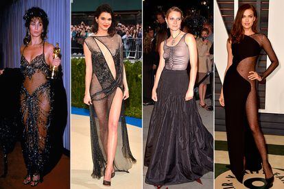 Luego llegarían otras mujeres y muchas más transparencias, de Cher a Kim Kardashian, pero Streisand puede presumir de haber abierto la veda (que nunca es tarea fácil). En la imagen, desde la izquierda: Cher de Bob Mackie en la ceremonia de 1988, Kendall Jenner en la gala del Met en 2017, Gwyneth Paltrow de Alexander McQueen en los Oscar en 2003 e Irina Shayk en las fiestas tras los Oscar de 2015.