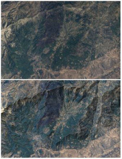 Sierra de Gredos. En la imagen superior, tal y como lo capta el satélite, en la inferior, el mismo relieve tratado e invertido.