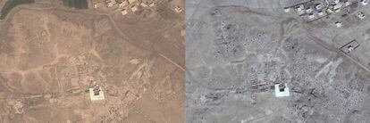 Vistas aéreas del yacimiento de Mari (Siria), del III milenio antes de Cristo, en 2011 (izquierda) y 2015 (derecha, donde se aprecian cientos de puntos negros, los boquetes abiertos por los saqueadores.