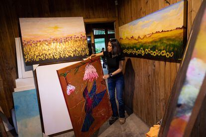 Plumas y Colas en Libertad se sostiene con la venta de lienzos pintados por Marquís, camisetas y otros objetos con dibujos inspirados en la fauna.