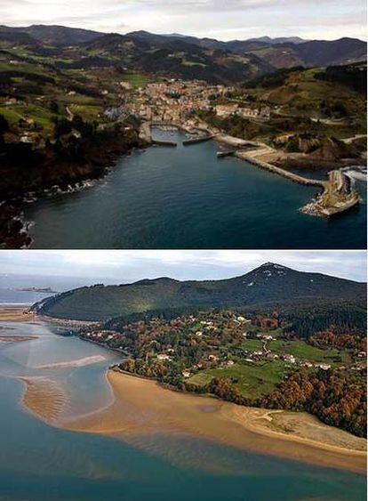 La ampliación del puerto de Mutriku (primera por arriba) ha sido criticada por los ecologistas. Abajo, zona de la reserva de la biosfera en Urdaibai, en la que el <i>ex lehendakari</i> Ardanza tiene un chalé con irregularidades.