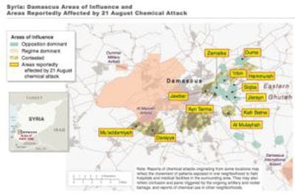 Mapa facilitado por el Gobierno de EE UU como prueba del ataque con armas químicas.