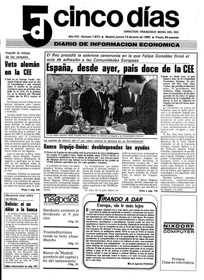 1985: integración en Europa. España se incorpora a las instituciones comunitarias europeas, culminando una ambición del país desde la llegada de la democracia, y que exigía un compromiso tanto de apertura y modernización económica como de integración en las instituciones atlánticas de defensa común. Fue el inicio de una historia de éxito.