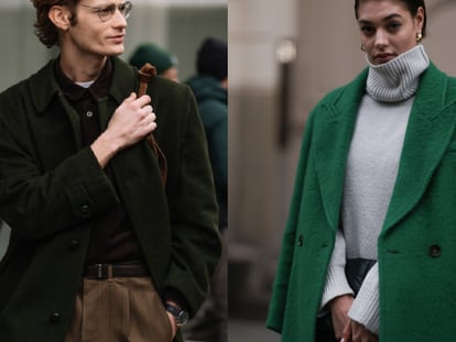 Detalle de dos abrigos de paño: a la izquierda un modelo de hombre y, a la derecha, la modelo Sarah Posch con un modelo de Gant en tonos verdes.  GETTY IMAGES.