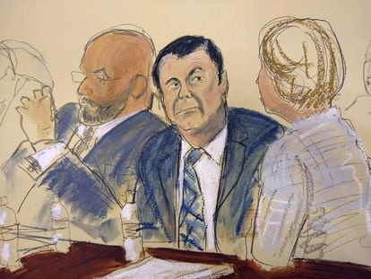 Dibujo de Joaquin 'El Chapo' Guzmán durante el juicio.
