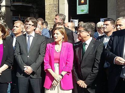 Colau, Puigdemont, Forcadell, Millo y Forn, ayer, a la salida de la misa de La Mercè.