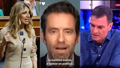 Yolanda Díaz, en el Congreso, y Borja Sémper y Pedro Sánchez, en dos capturas de dos vídeos manipulados en Twitter.