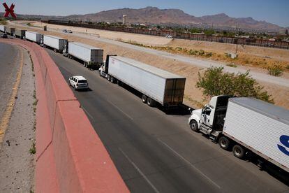 Several trucks wait in line to enter the United States from Ciudad Juárez.