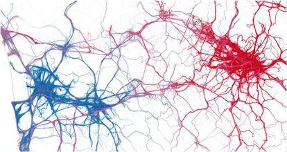 &iquest;Redes neuronales en el cerebro? No, son los viajes emprendidos desde las ciudades italianas de Pisa (azul) o Florencia (rojo). 